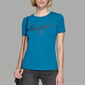 NWOT Karl Lagerfeld Paris Cotton Unisex BONJOUR SEQUIN TEE  Teal Sparkle S
